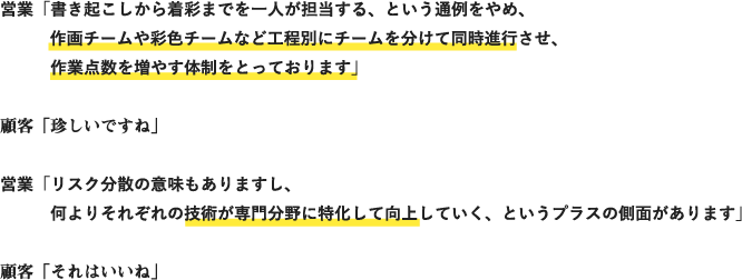 営業「書き起こしから着彩までを一人が担当する、という通例をやめ、作画チームや彩色チームなど工程別にチームを分けて同時進行させ、作業点数を増やす体制をとっております」顧客「珍しいですね」営業「リスク分散の意味もありますし、何よりそれぞれの技術が専門分野に特化して向上していく、というプラスの側面があります」顧客「それはいいね」